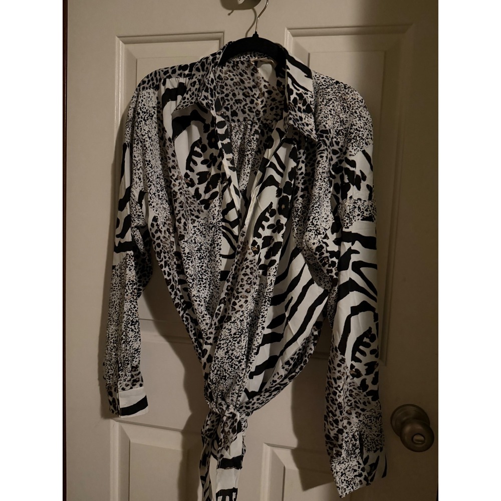 Easel Mixed Animal Print Tie Front Button Down Shirt Leopard Zebra Tan Black L